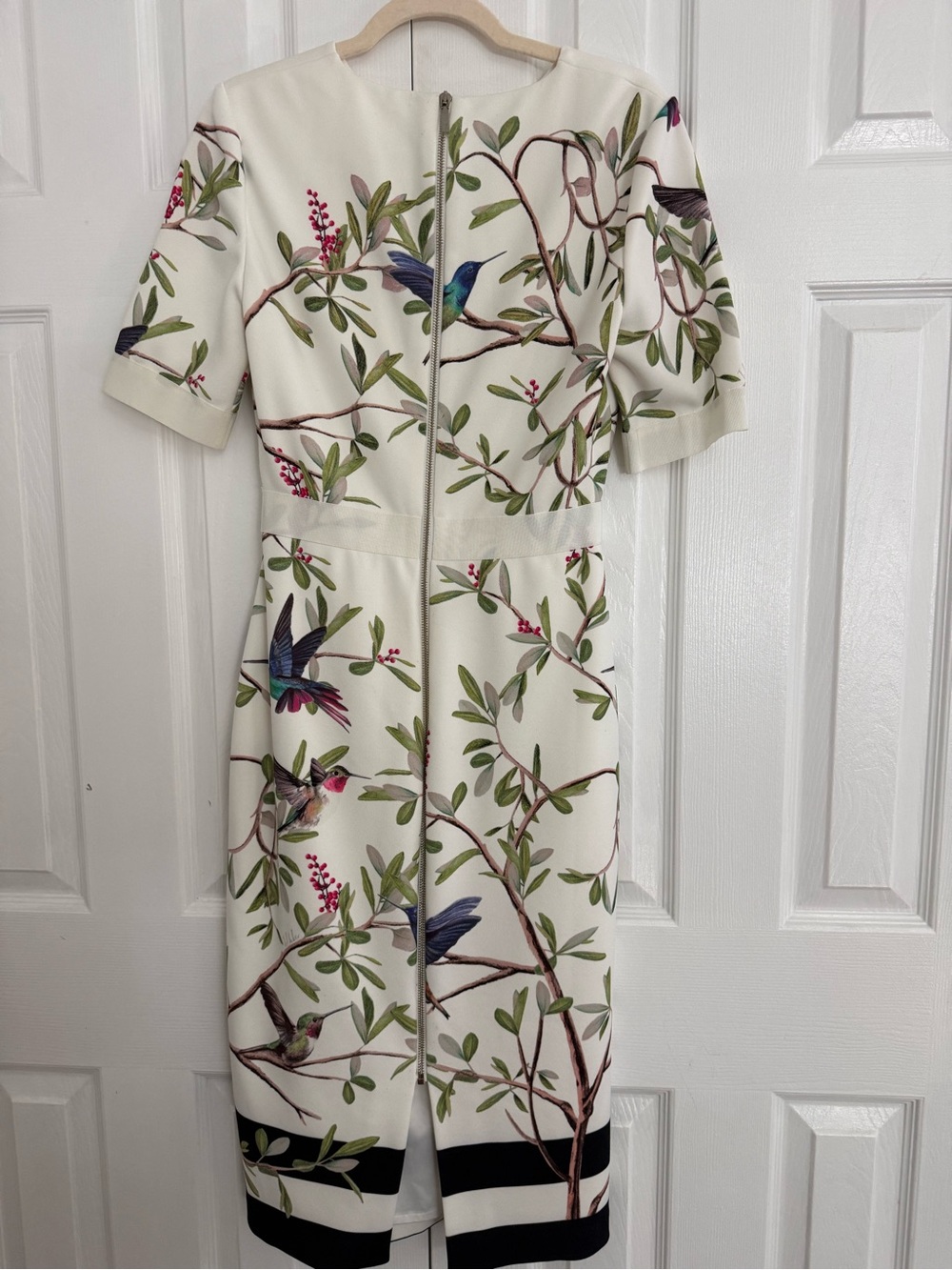 Ted Baker London Cream Midi Dress with Blue Bird Motif size 8-10 - Picture 2 of 7